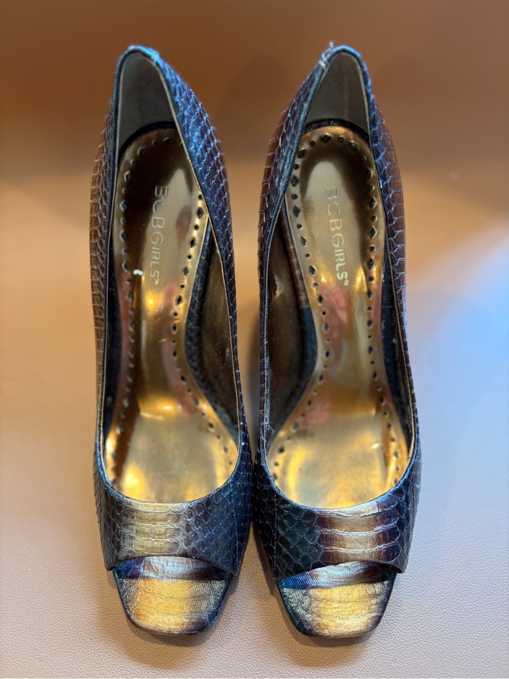 BCBGirls Iridescent Metallic Peep-Toe Pumps in Black and Gold